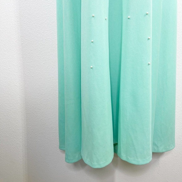 Vintage Mod Pearls Formal Maxi Dress Sz 12 Green Mock Neck Long Sleeve Back Zip - Picture 5 of 8